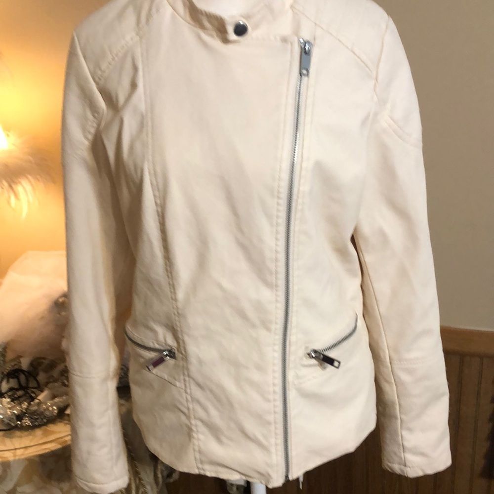 B Sweet leather like cream motorcycle style jacket size large feels fabulous